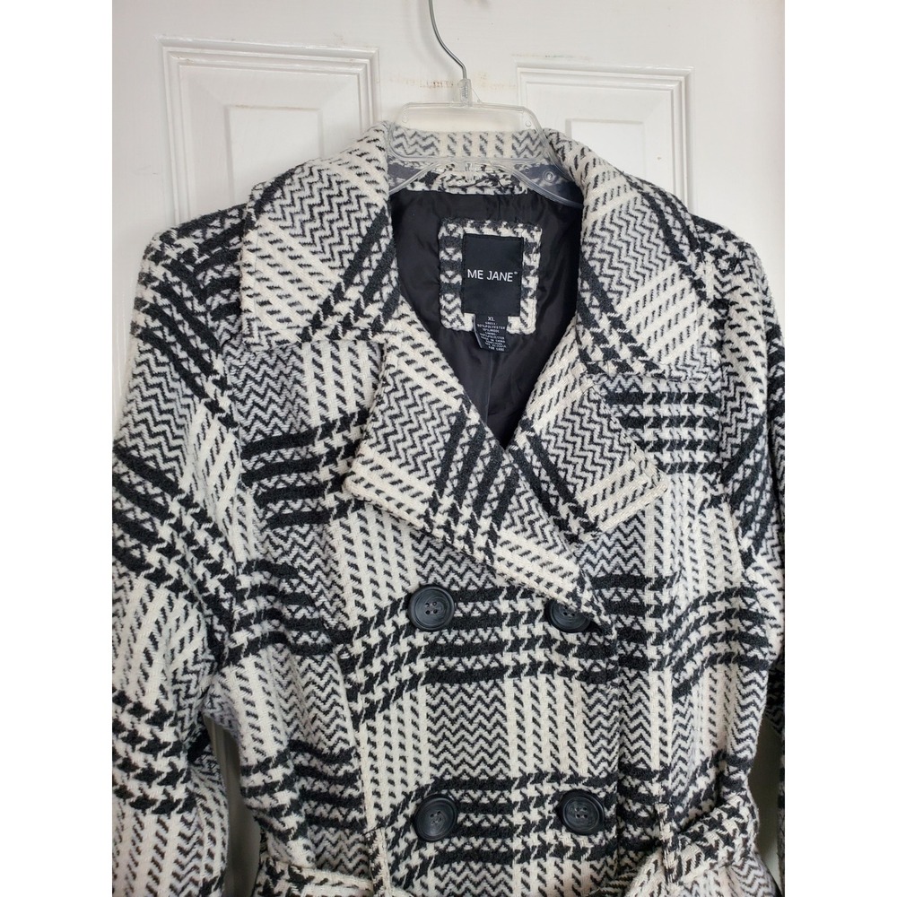 Me Jane Peacoat Black White Plaid‎ Double Breasted Belted Wool Blend Winter XL